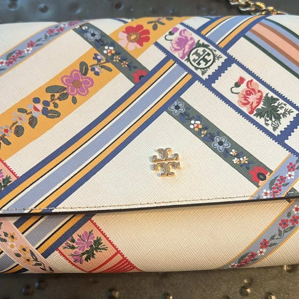 Tory Burch Kerrington Ribbon Weave Bias small Crossbody, cream w red, blue, gold - Picture 9 of 9